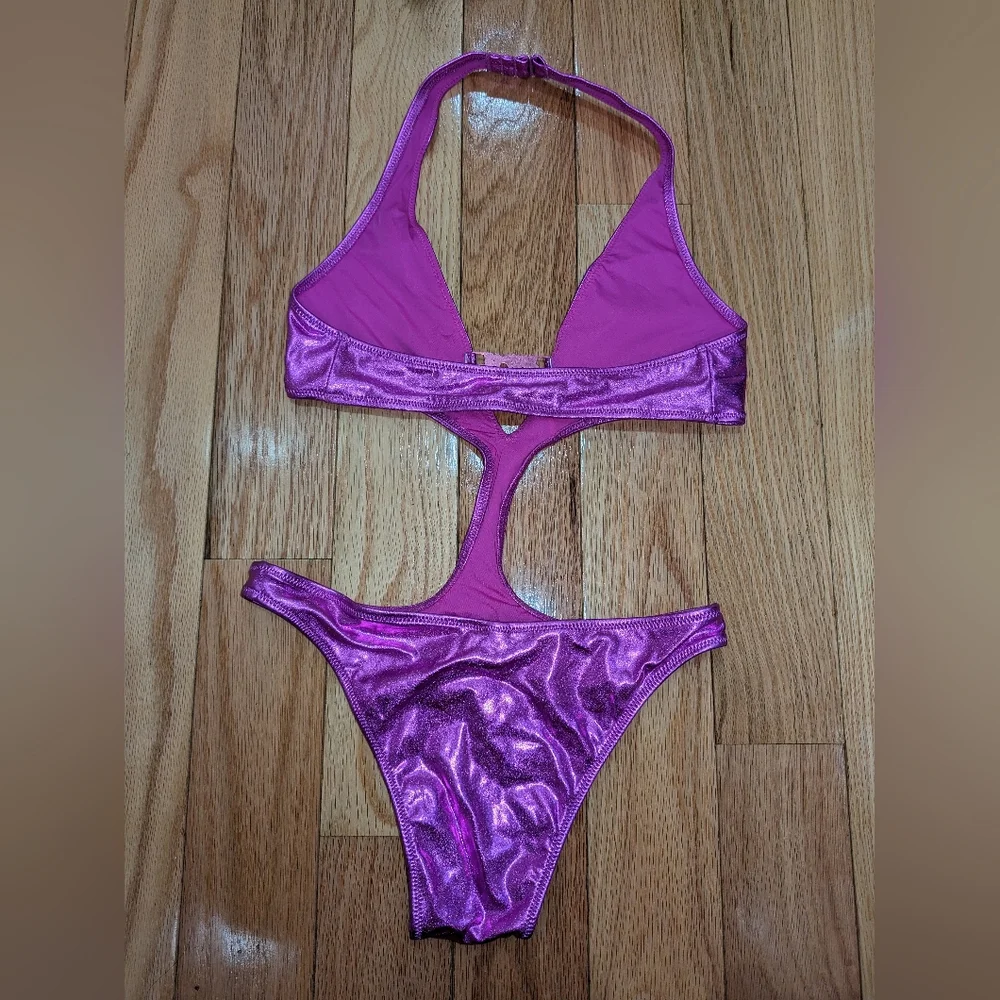 NWT SKIMS METALLIC SWIM HALTER MONOKINI IN DRAGONFRUIT